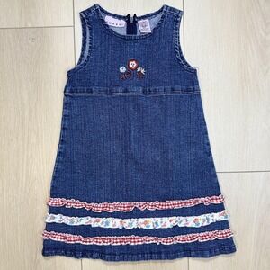 Vintage Y2K Sweet Girls Denim Dress‎ Gingham Floral Ruffle Hem Blue Sleeveless L